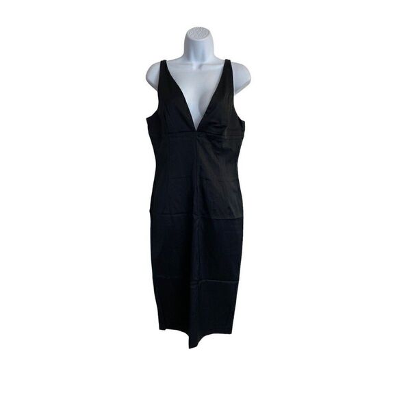 NWT DOLCE & GABBANA Black Satin Low VNeck Midi Dress IT48 SZ34 Sleeveless LBD